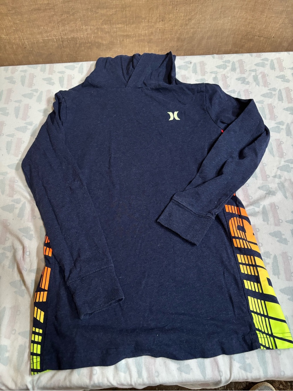 Hurley Navy Hooded Kids Top with Neon Orange & Yellow Side Panels